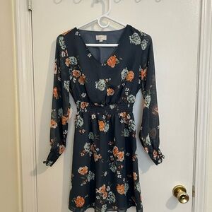 💙LOFT Blue Floral V-Neck Long Sleeve Dress EUC size XS